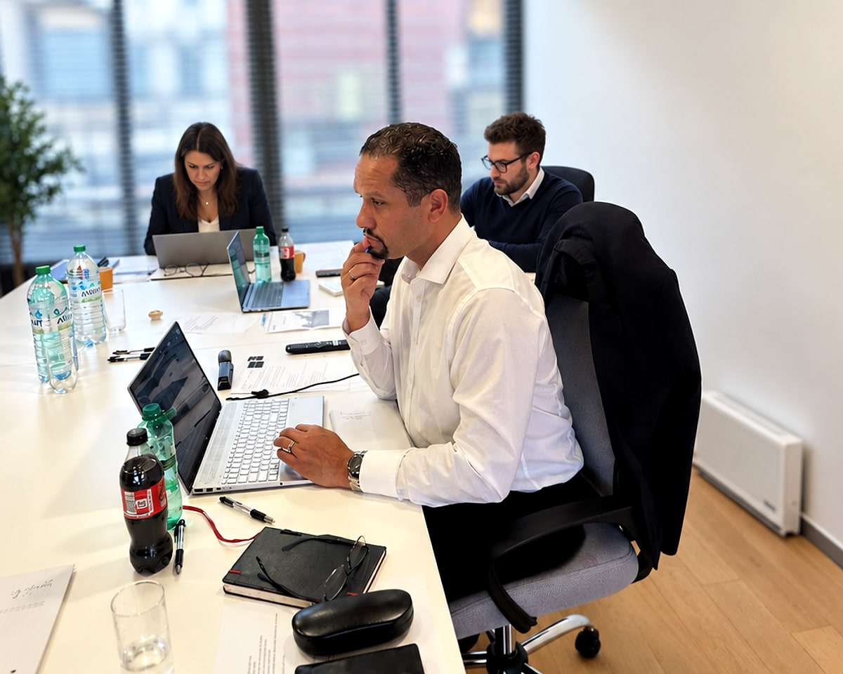 Louis Stedman-Bryce at a meeting table with a laptop, hand to his chin, colleagues working behind him.
