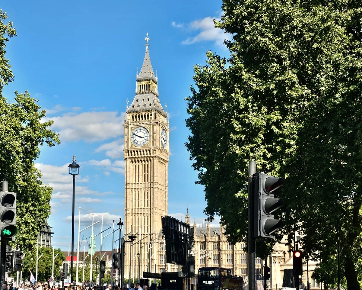 Elizabeth Tower and the clock face of Big Ben rising above Parliament Square on a bright day, framed by plane trees.